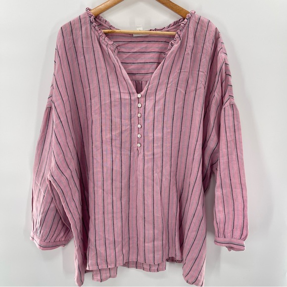 J. Jill Tops - J. Jill Love Linen 1/4 Button Pink Striped Front Ruffled Neck Blouse Size 3X